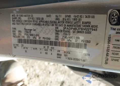 2011 Ford Fiesta Se из США, поврежденный, VIN 3FADP4BJ7BM227945